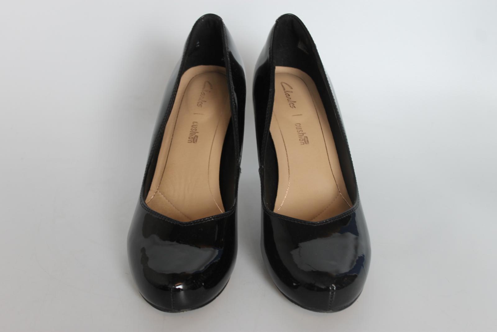 CLARKS Ladies Black Patent Leather Dalia Rose High Cone Heel Shoes EU37 UK4