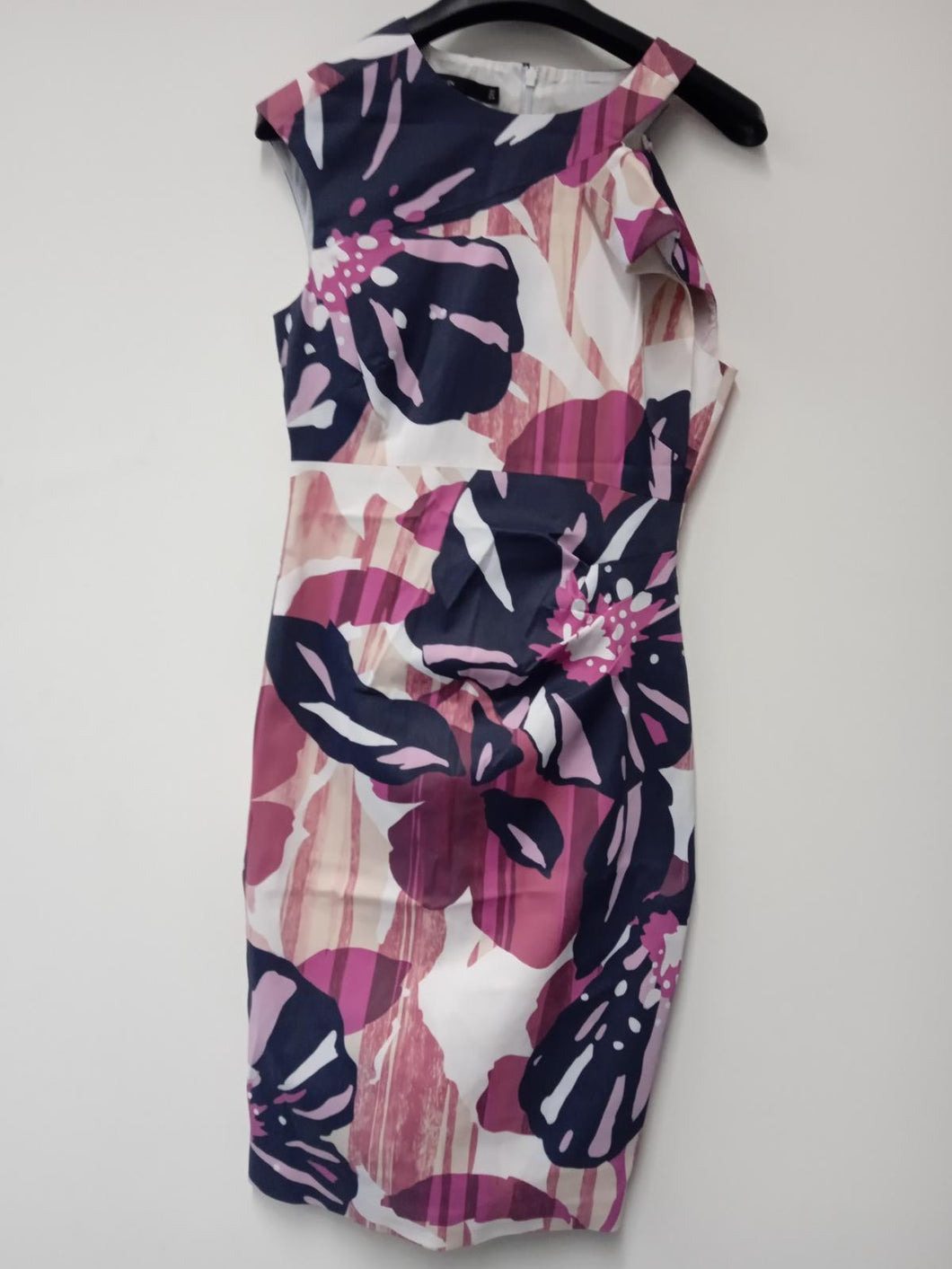 KAREN MILLEN Ladies Pink Flower Pattern Round Neck Shift Dress Size UK12