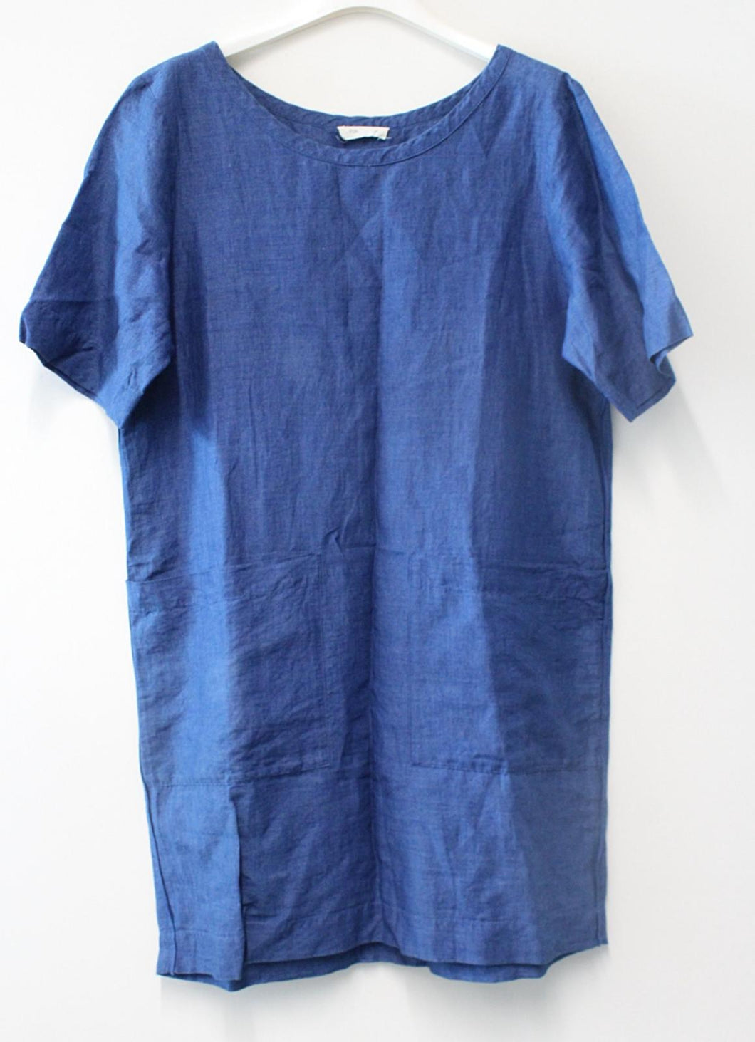 FOLK Ladies Blue Round Neck Short Sleeve Linen Cotton Mini Dress w Pockets 2/S