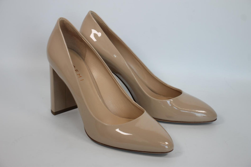 M. GEMI Ladies Sand Patent Leather High Block Heel Pumps Shoes EU39.5 UK6.5