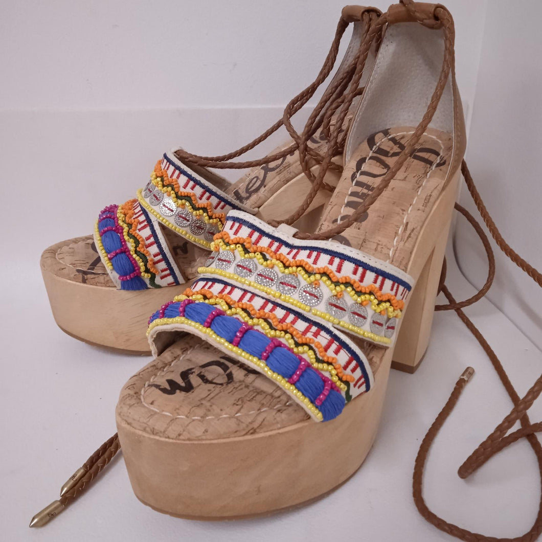 SAM EDELMAN Brown Ladies Platform Leg Wrap Boho Heel Wooden Clog UK5