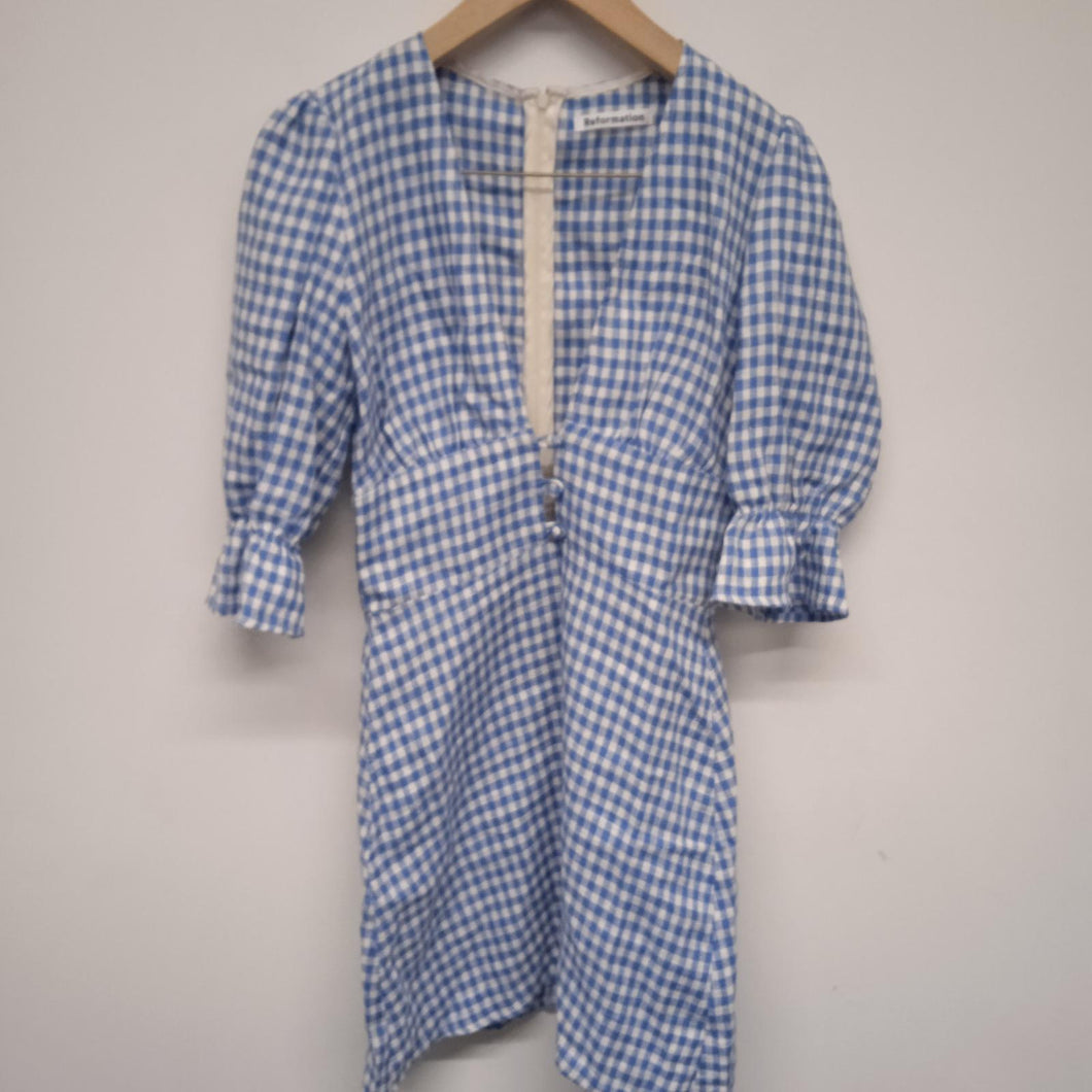 REFORMATION Blue Ladies Short Sleeve V-Neck A-Line Dress Size UK S