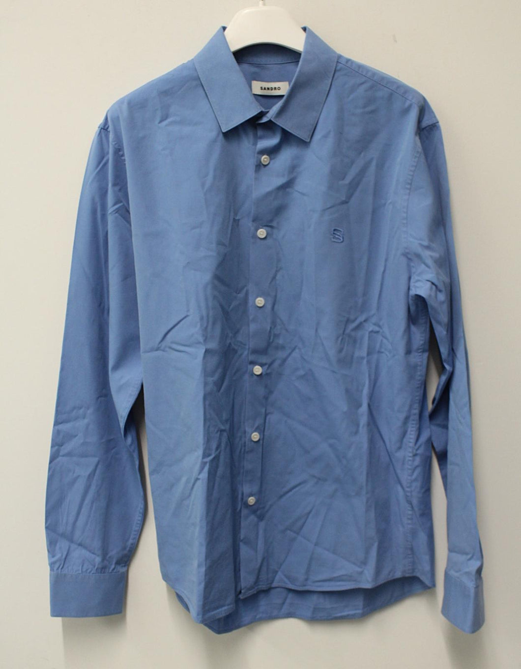 SANDRO Men's Blue Embroidered Logo Long Sleeve Button Up Cotton Blend Shirt M