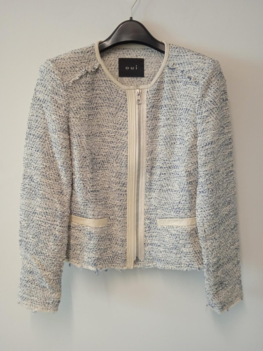 OUI Ladies White & Blue Cotton Blend Knitted Long Sleeve Zip-Up Cardigan UK12