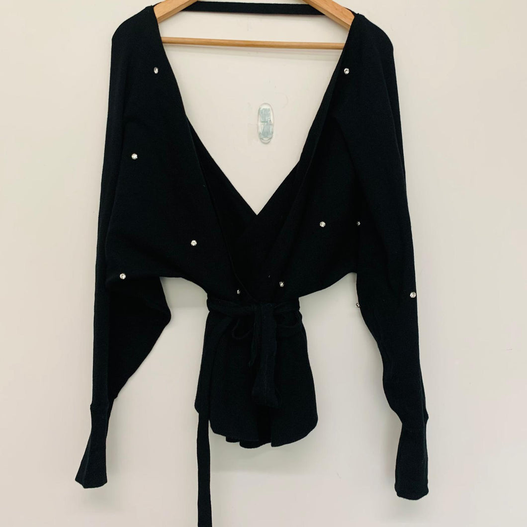 KAREN MILLEN Black Ladies Long Sleeve Split V-Neck Pullover Jumper Size UK L NEW