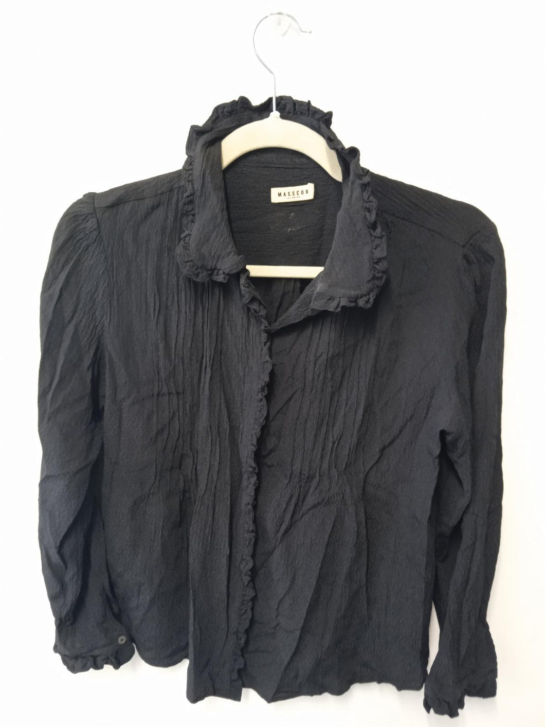 MASSCOB Ladies Black Long Sleeve Ruffled Collare Button Down Blouse Size UK S