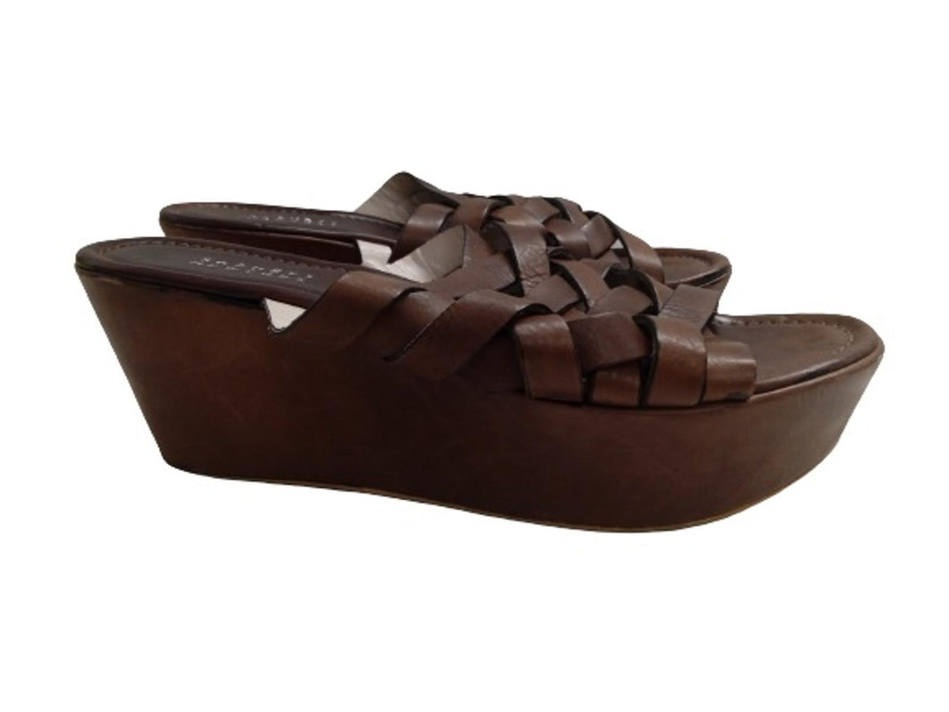 BARNEYS NEW YORK Ladies Brown Leather Strappy Platform Wedge Sandals Size UK4.5