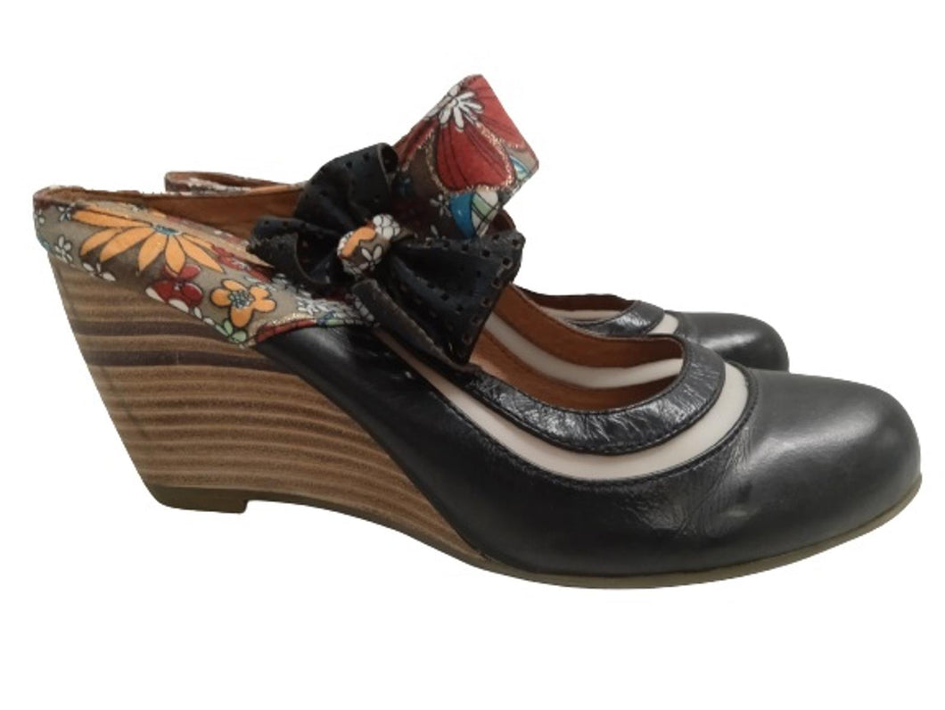 STACCATO Ladies Black Leather Round Toe Floral Mary Jane Shoes Size UK3.5