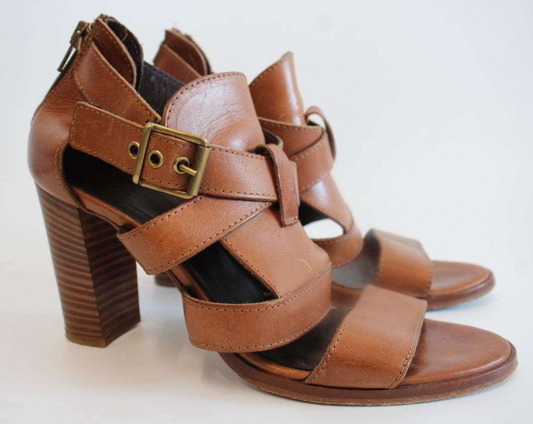 JIGSAW Ladies Tan Brown Leather High Heel Strappy Open Toe Sandals EU39 UK6