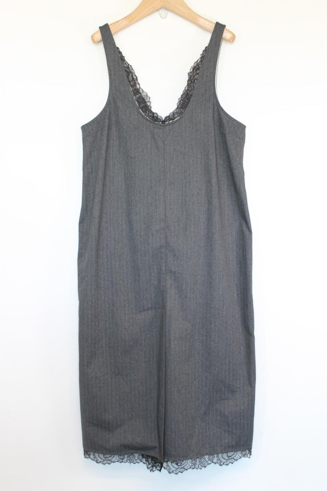GANNI Ladies Grey Lace Trim Sleeveless Scoop Neck Midi Slip Dress EU40 UK12