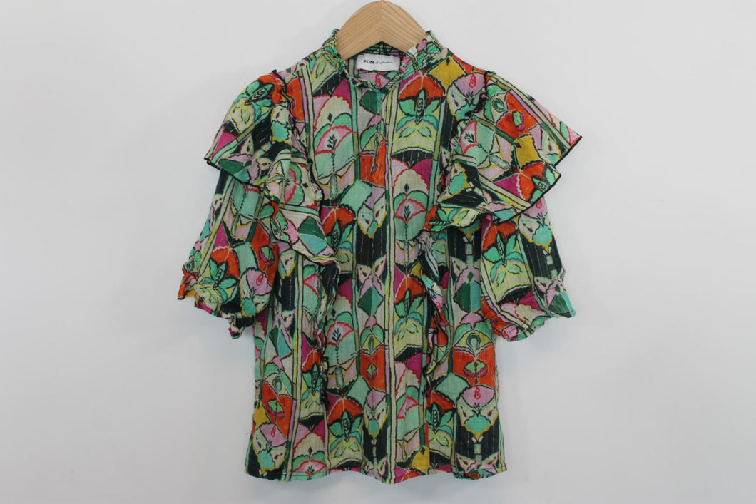 POM Ladies Multicoloured Cotton Short Sleeve Ruffled Blouse EU42 UK14