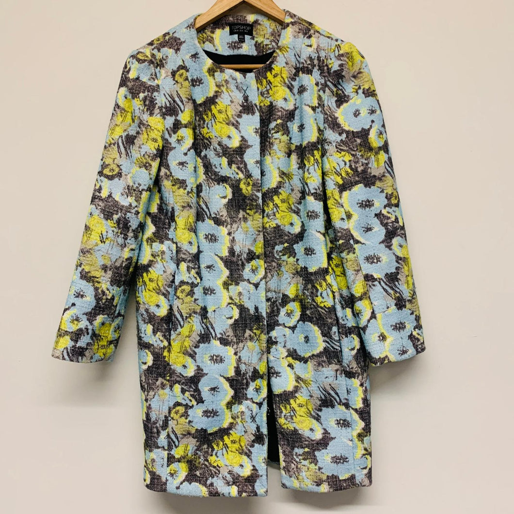 TOPSHOP Blue Ladies Floral Yellow Long Sleeve Collared Overcoat Coat Size UK 8