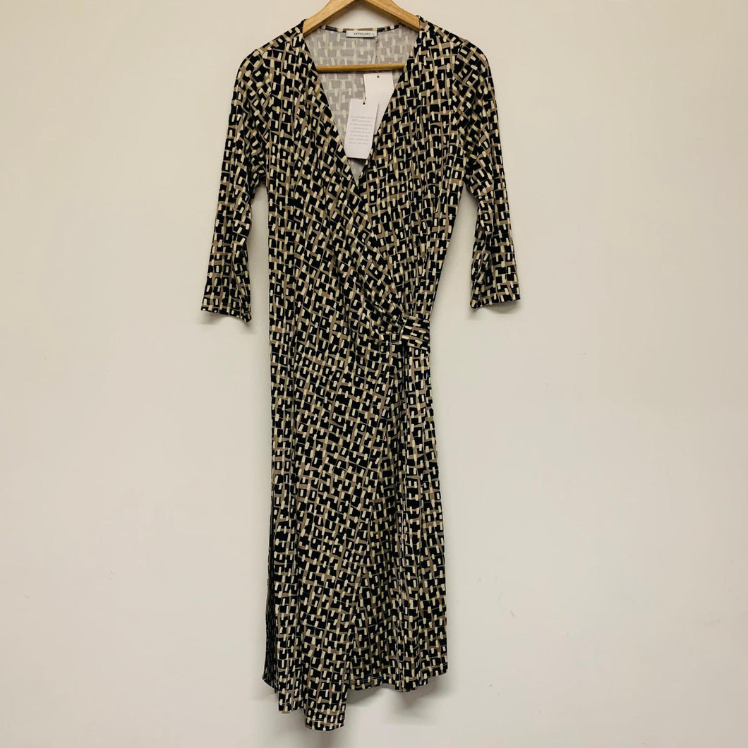 ARTIGIANO Beige Ladies Long Sleeve V-Neck A-Line Dress Size UK 14 NEW