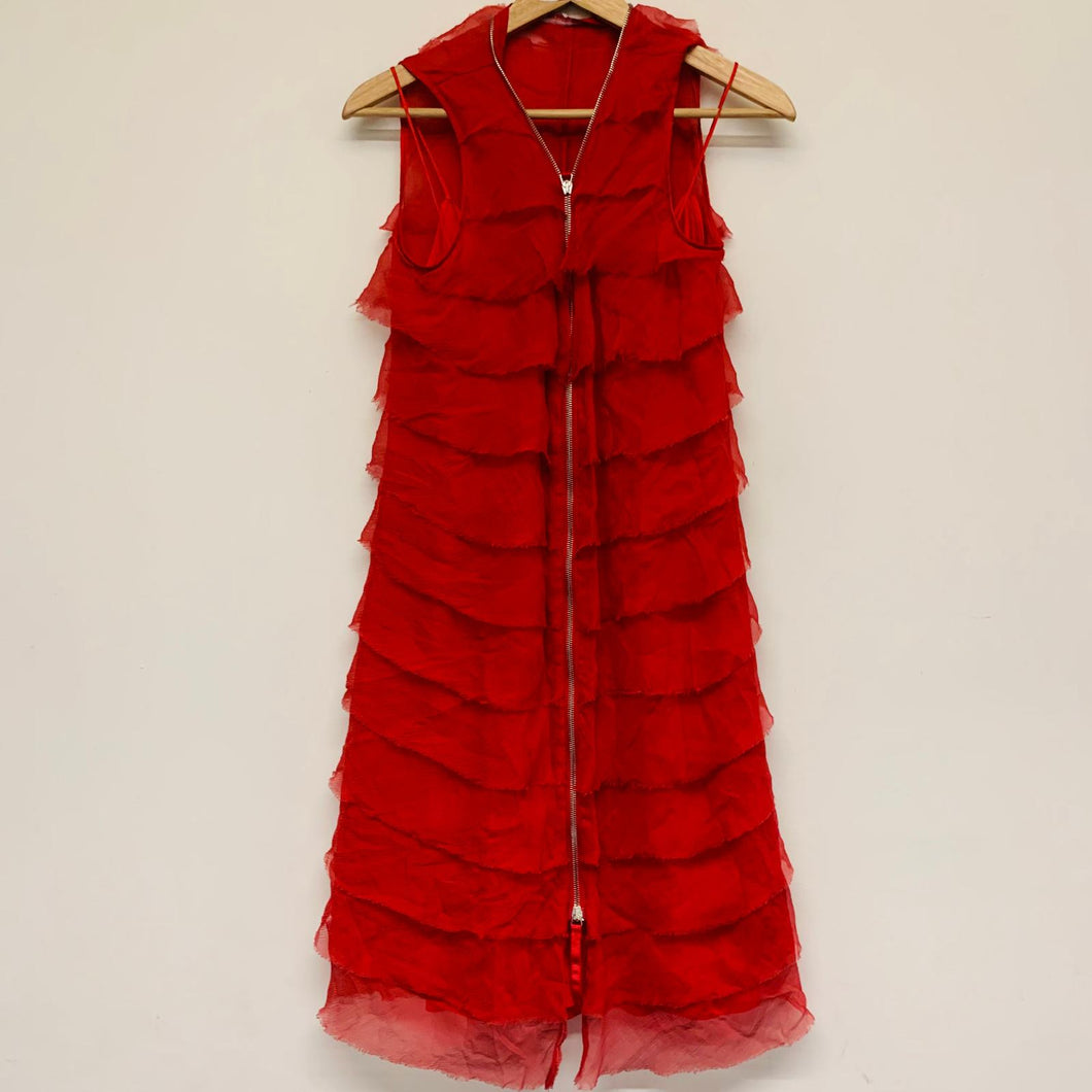 Red Ladies Dress Sleeveless V-Neck A-Line Layered Silk Zip Through Size UK 10