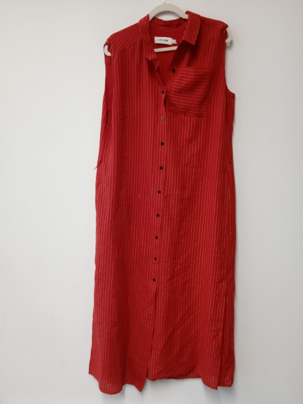 CEFINN Ladies Red Pinstripe Sleeveless Collared Button Up Dress Size UK16