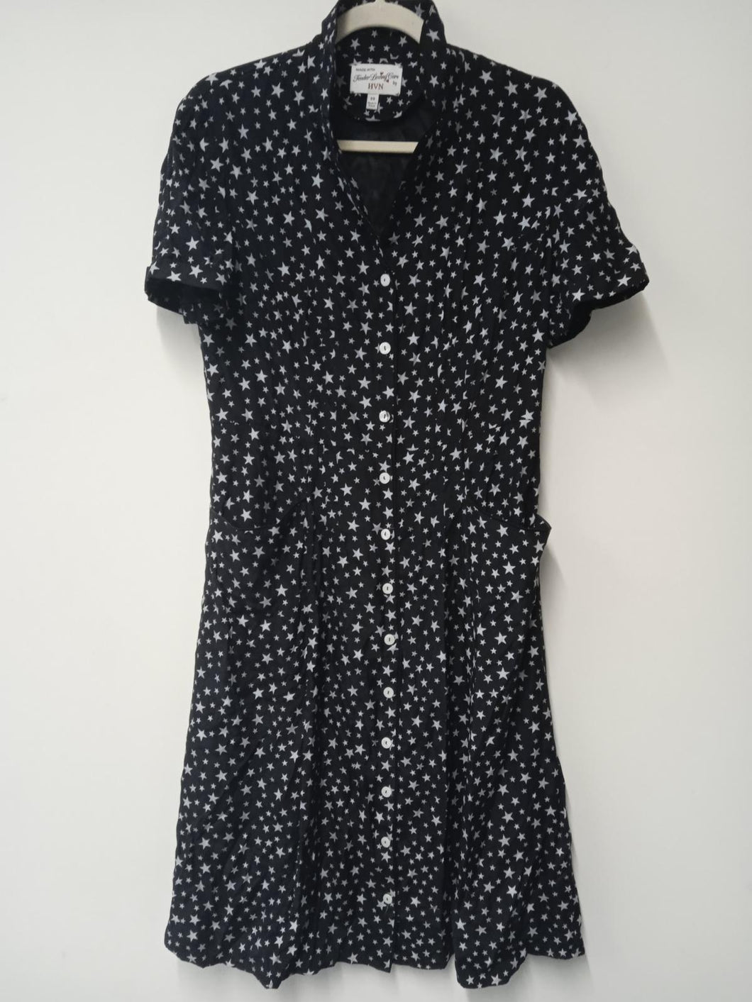 HVN Ladies Black Silk Star Print Short Sleeve Collared Dress Size UK10