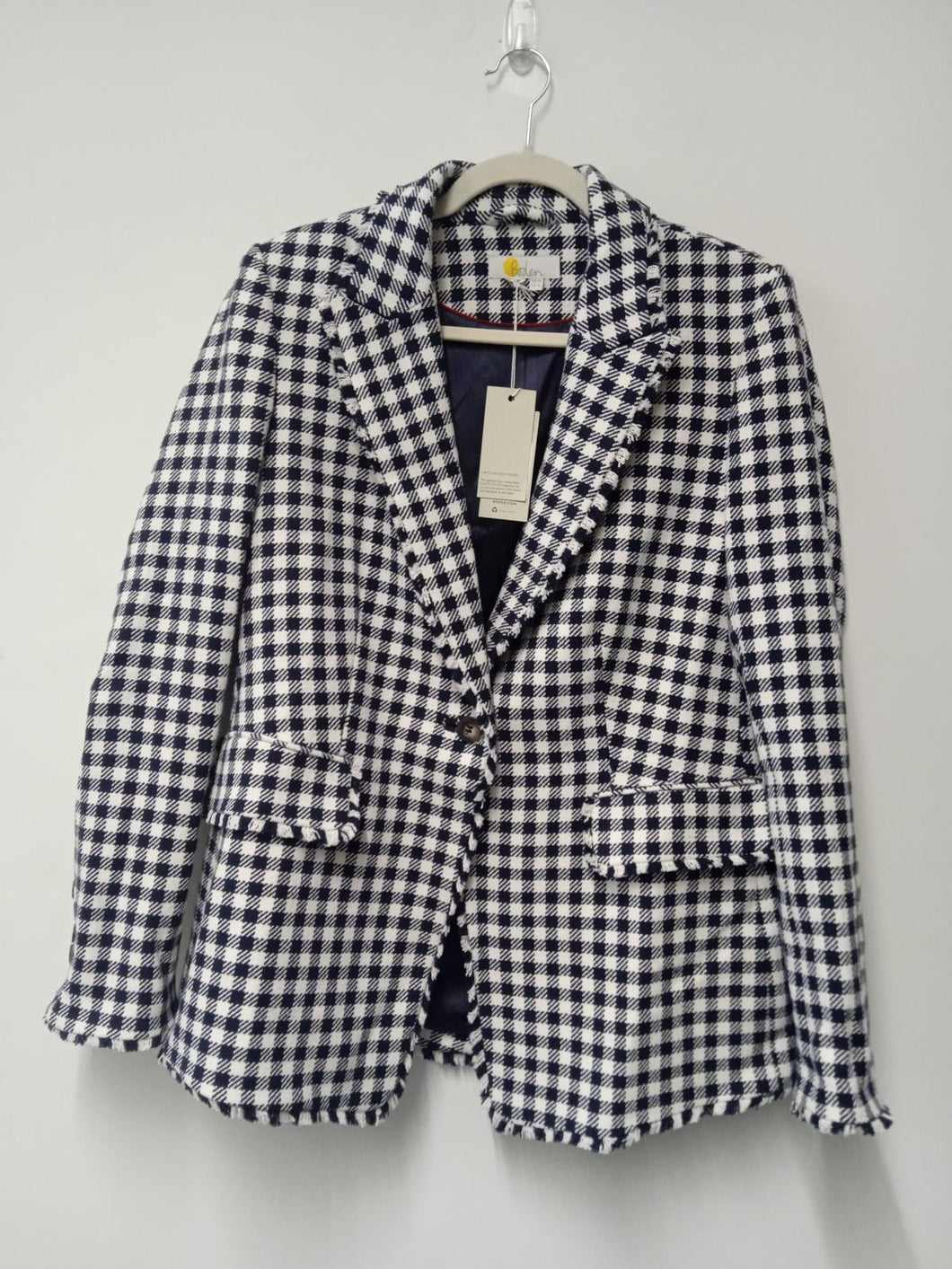 BODEN Ladies Navy Blue & White Check Long Sleeve Collared Jacket Size UK14R NEW