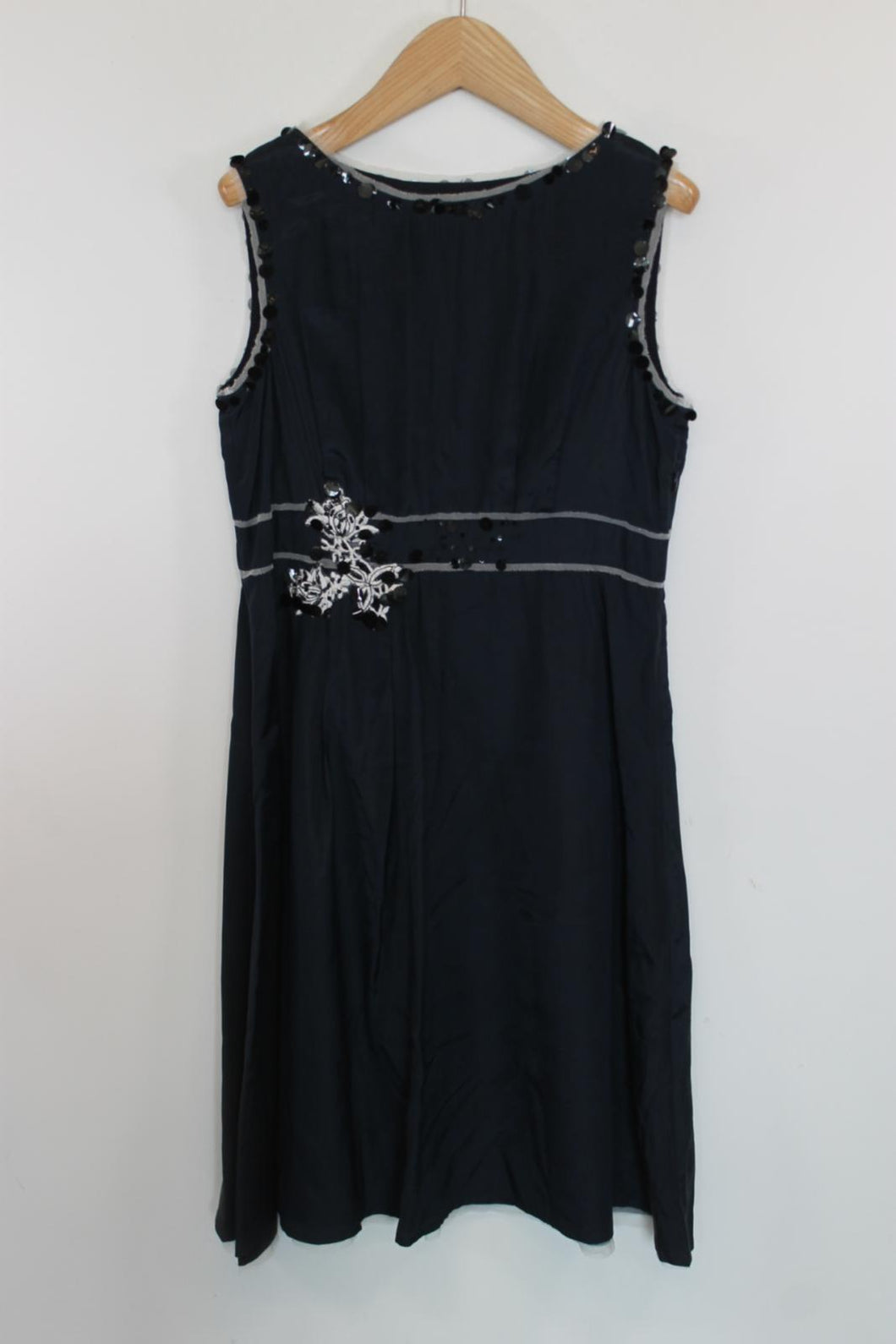 WHISTLES Ladies Navy Blue Silk Sequin Detail Sleeveless Midi Dress EU40 UK12