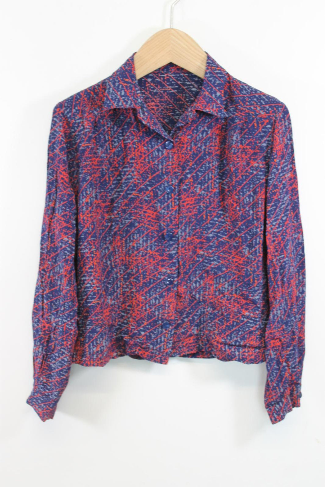 Ladies Red & Blue Long Sleeve Cropped Button Down Shirt Size M