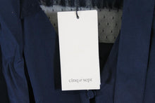 Load image into Gallery viewer, CINQ A SEPT Ladies Navy Blue Silk Long Sleeve Lace Shoulder Neck Tie Top Size L
