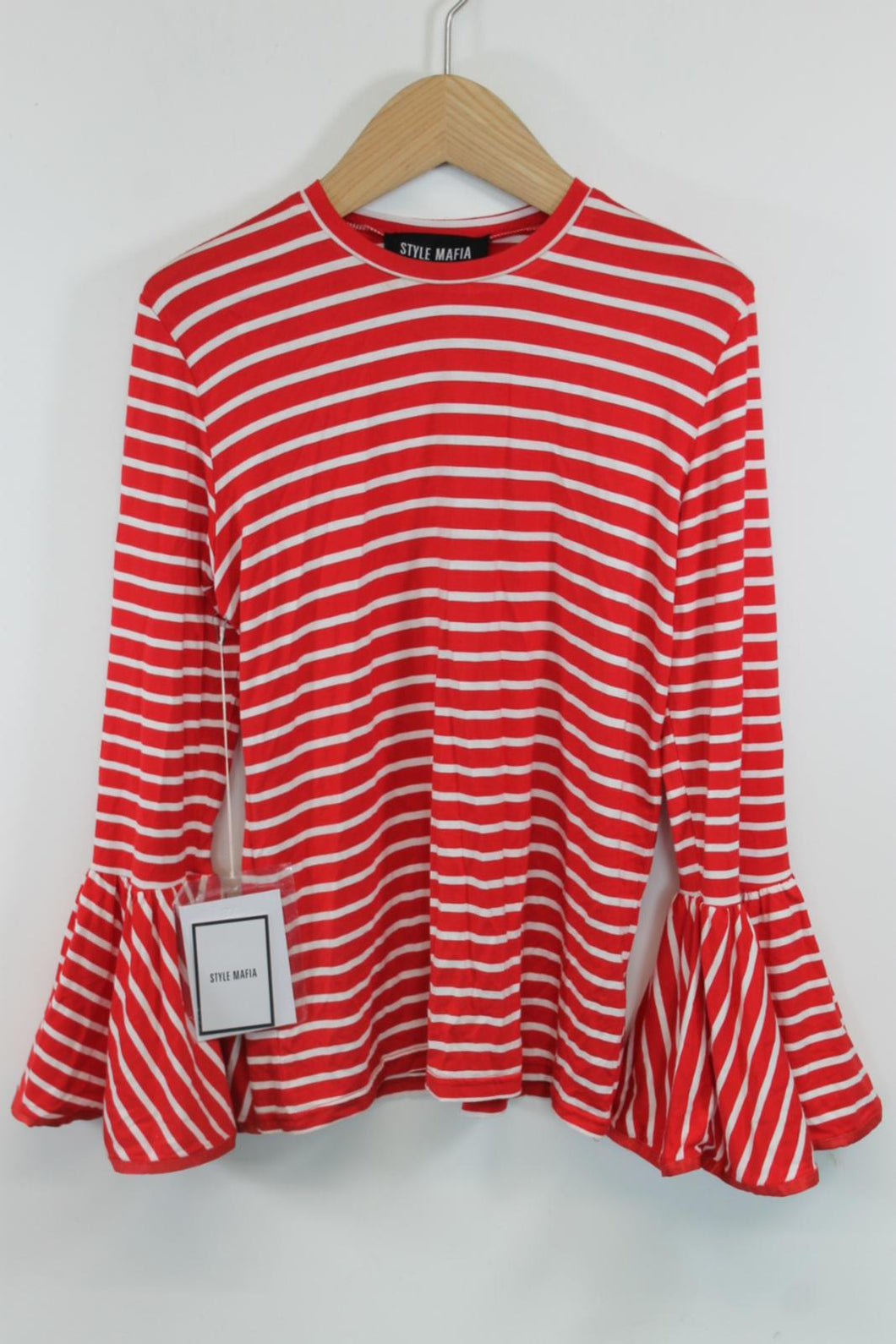 STYLE MAFIA Ladies Red & White Striped Cotton Long Flared Sleeve Top L BNWT