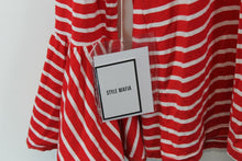 Load image into Gallery viewer, STYLE MAFIA Ladies Red &amp; White Striped Cotton Long Flared Sleeve Top L BNWT
