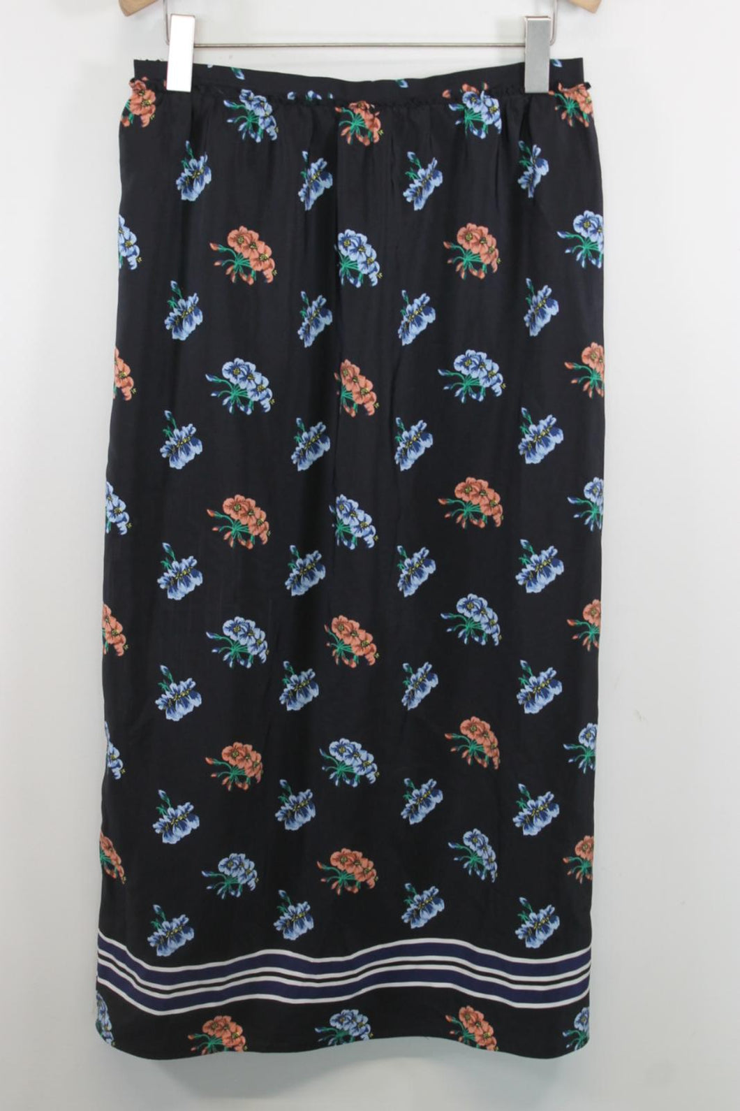 MARKUS LUPFER Ladies Dark Blue Floral Print Straight Midi Skirt Size M