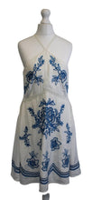Load image into Gallery viewer, KAREN MILLEN Ladies White Blue Embroidered Ladder Trim Mini Halter Dress UK12
