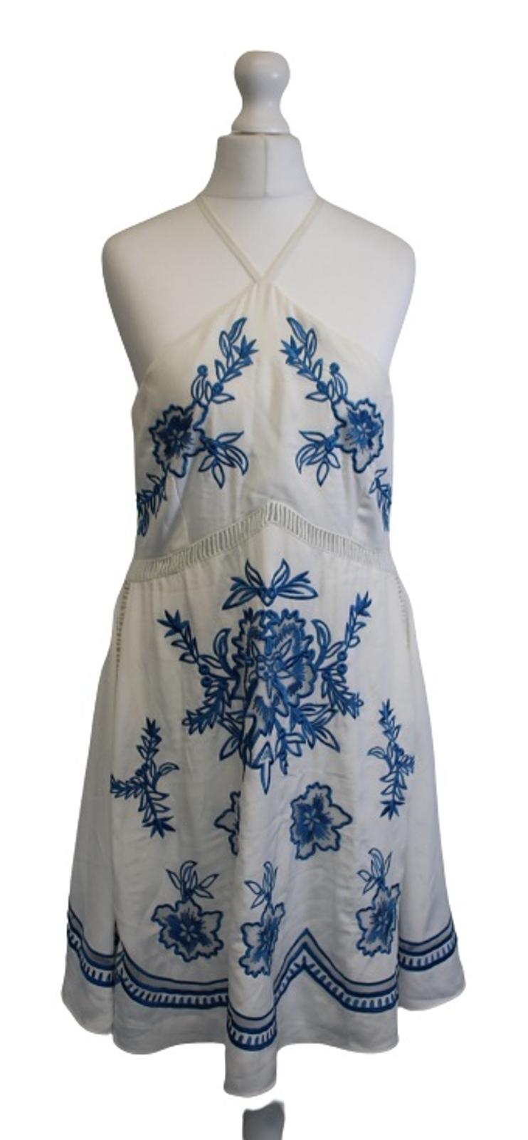 KAREN MILLEN Ladies White Blue Embroidered Ladder Trim Mini Halter Dress UK12