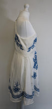 Load image into Gallery viewer, KAREN MILLEN Ladies White Blue Embroidered Ladder Trim Mini Halter Dress UK12
