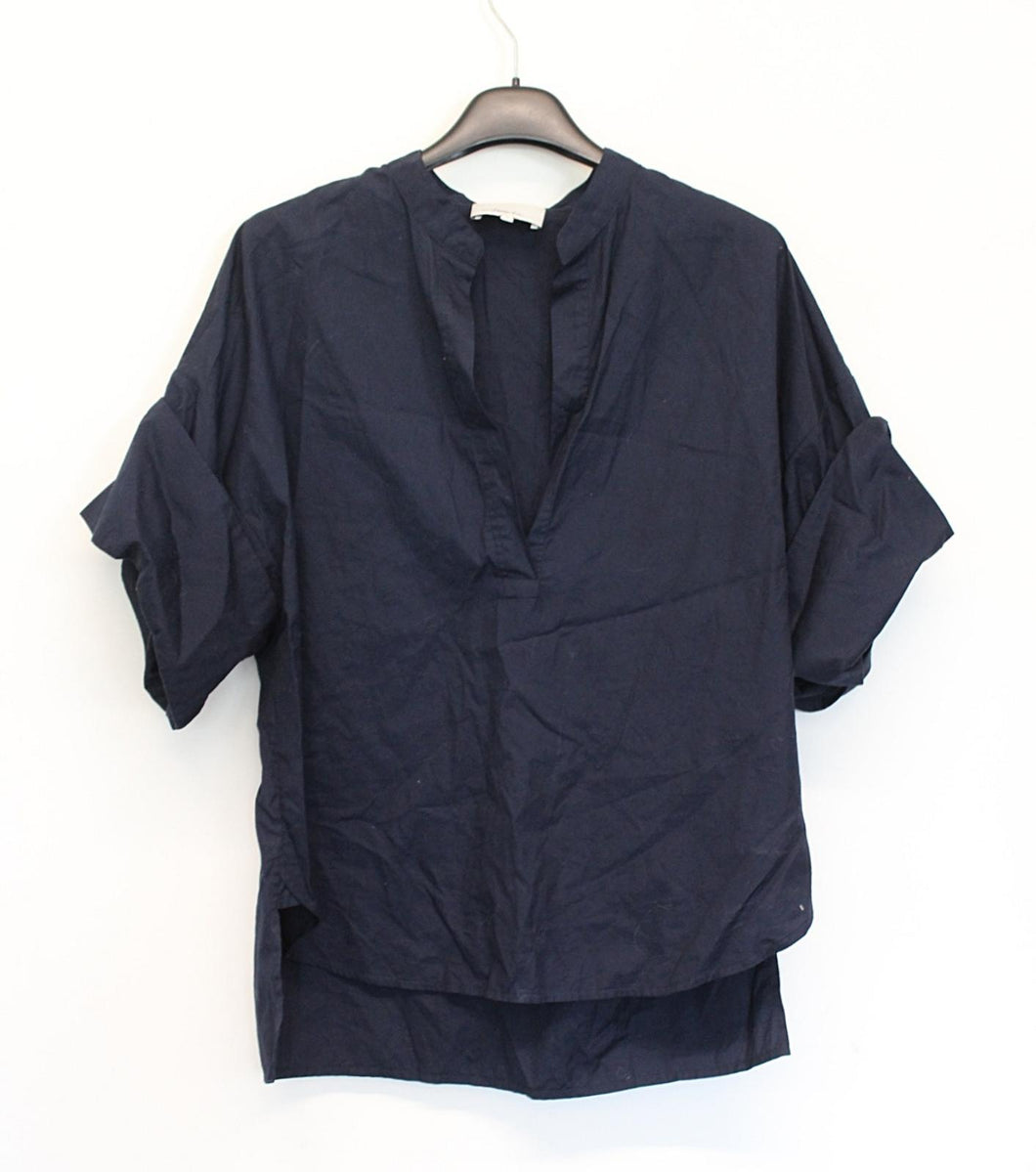 3.1 PHILLIP LIM Ladies Navy Blue Open V-Neck Short Sleeve Cotton Top US6 UK10