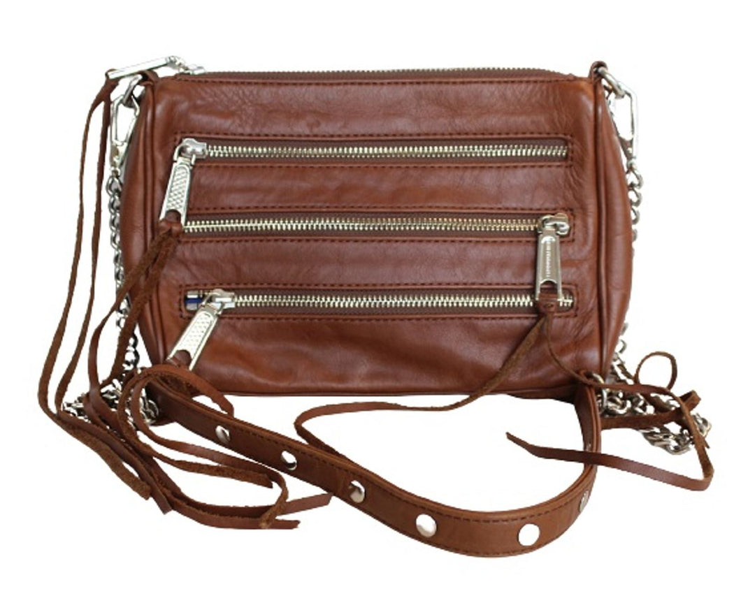 REBECCA MINKOFF Ladies Brown Leather Zip Chain Link Crossbody Bag 23 x 15 x 4cm
