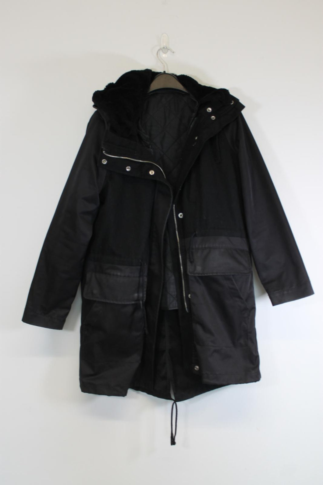 Ladies Black Wool Blend Overcoat Coat w Removable Quilt Layer Size L