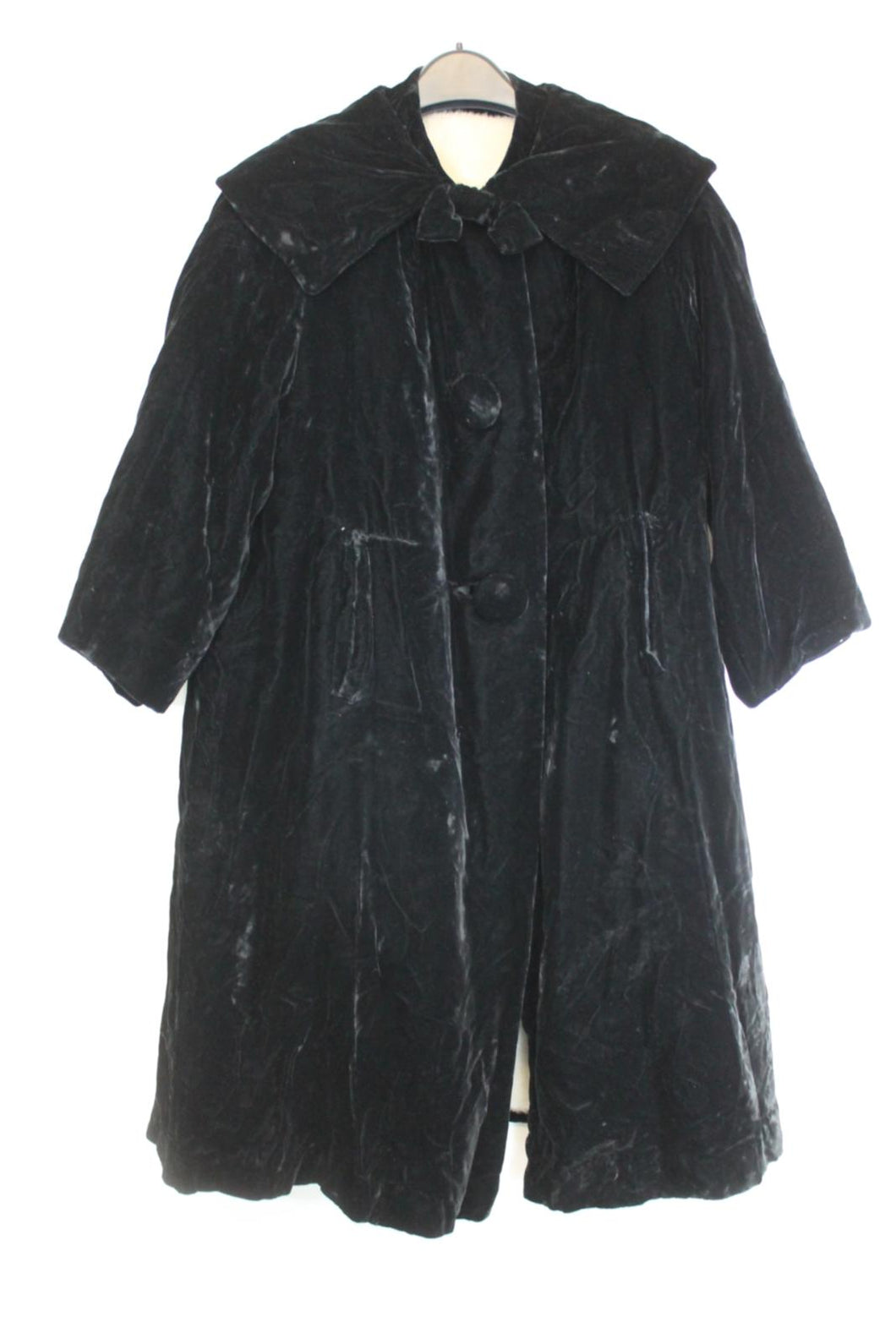 Ladies Black Velvet Faux Fur Lined Long Vintage Opera Coat Approx. Size L