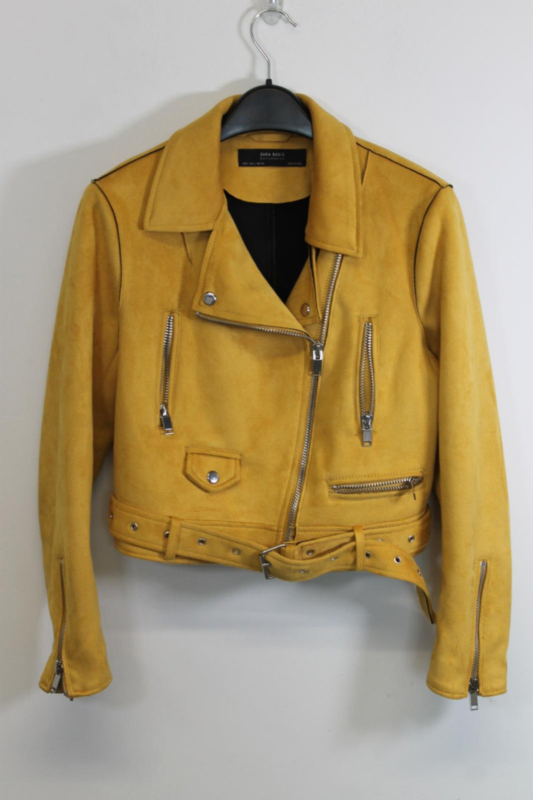 ZARA Ladies Mustard Yellow Faux Suede Biker Jacket Size L