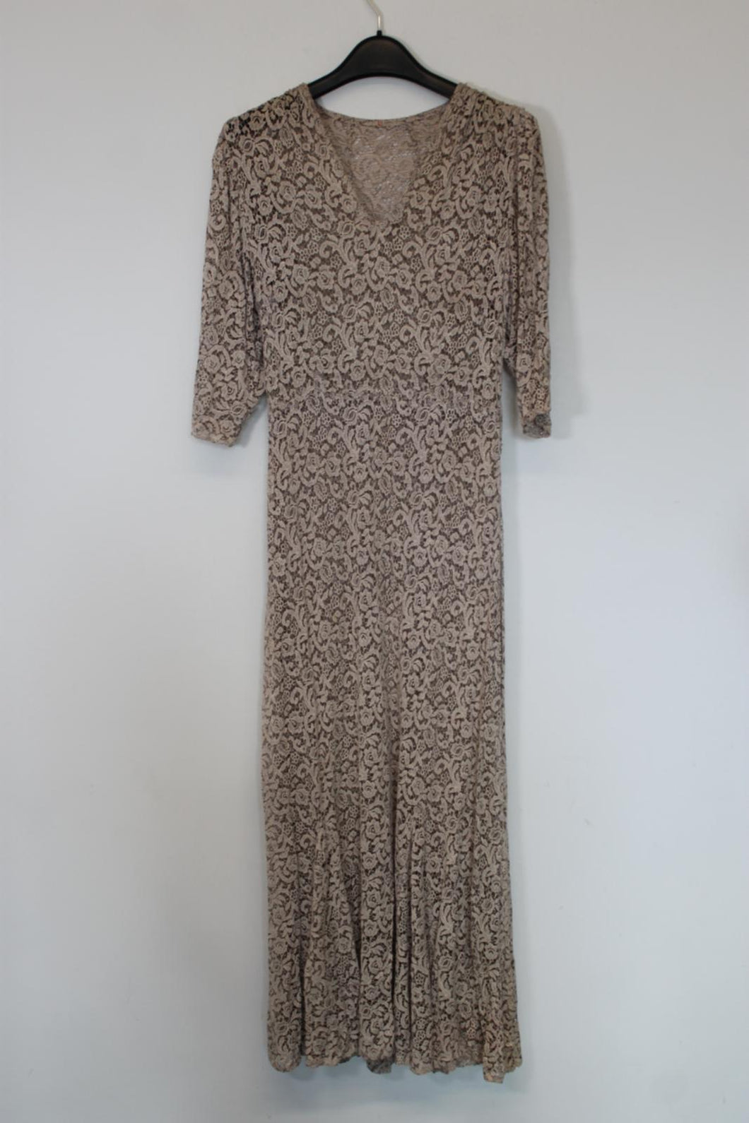 Ladies Beige Lace Vintage Half Sleeve V-Neck Long Maxi Dress EU42 UK14