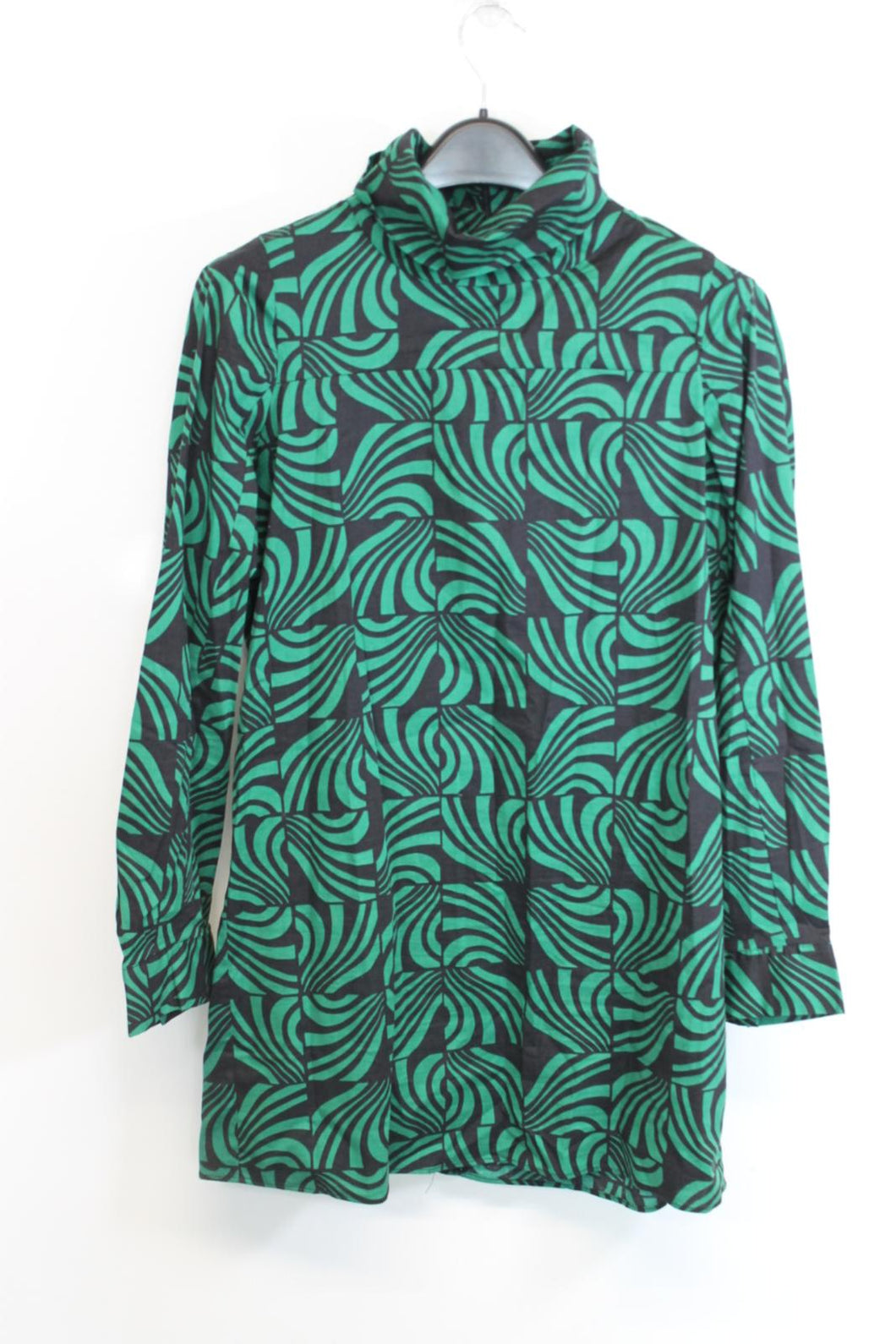 ZARA Ladies Green & Black Cotton Long Sleeve High Neck Mini Dress Size M