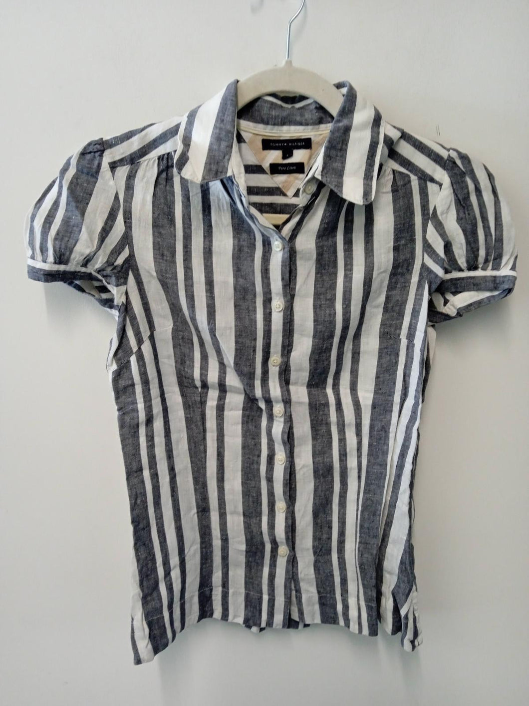 TOMMY HILFIGER Ladies Grey Striped Linen Short Sleeve Collared T-Shirt Size UK8