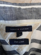 Load image into Gallery viewer, TOMMY HILFIGER Ladies Grey Striped Linen Short Sleeve Collared T-Shirt Size UK8
