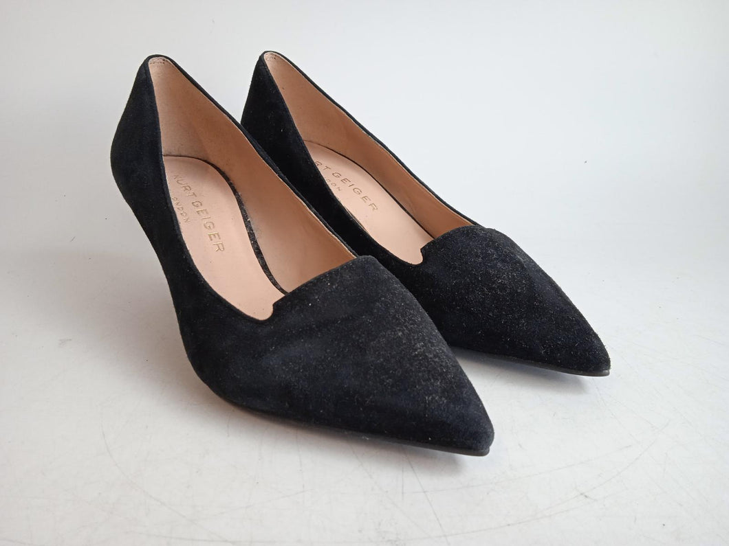KURT GEIGER Ladies Black Suede Pointed Toe Kitten Heel Court Shoes EU36 UK3