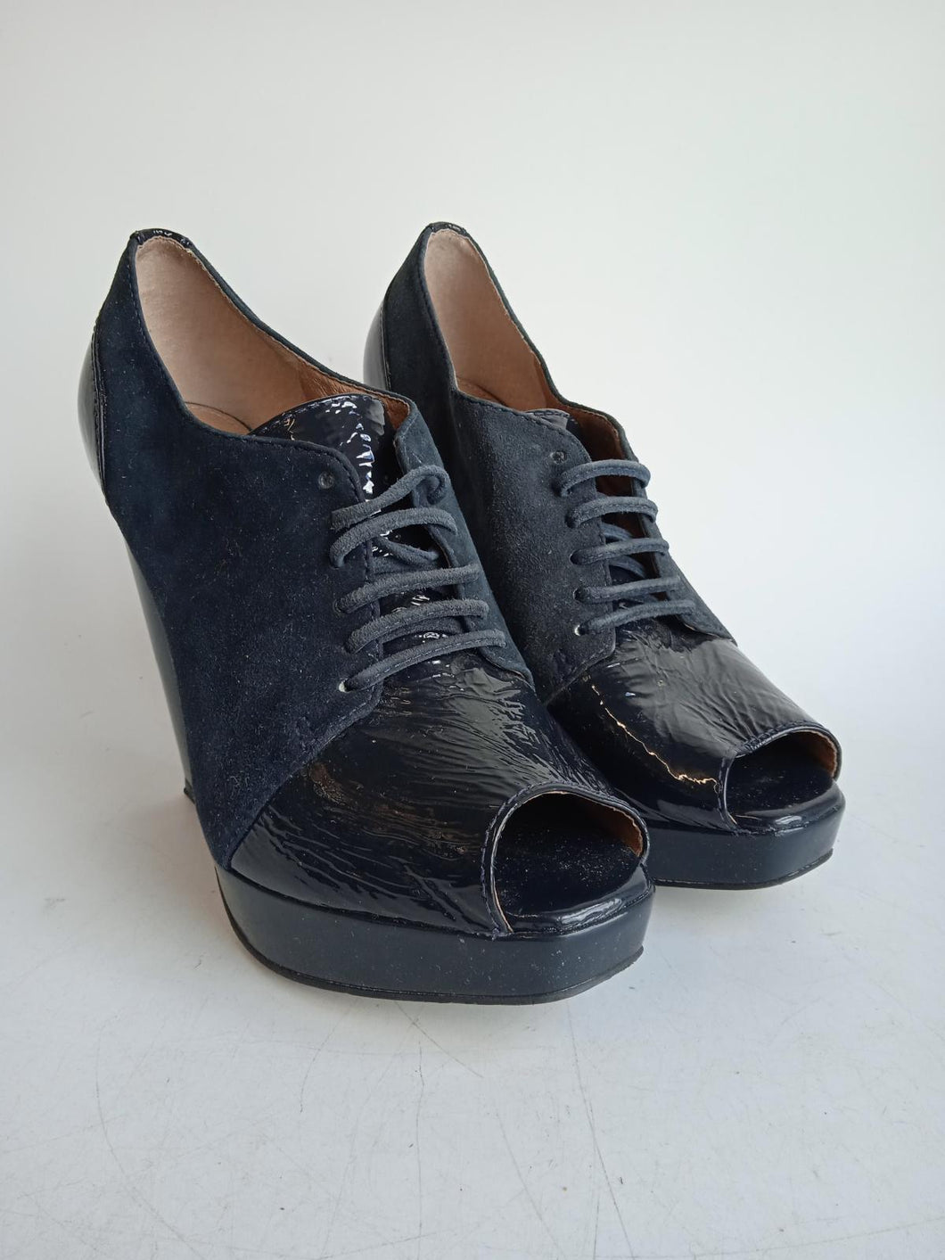 TOPSHOP Ladies Blue Suede & Patent Leather Peep Toe High Heel Shoes EU37 UK4