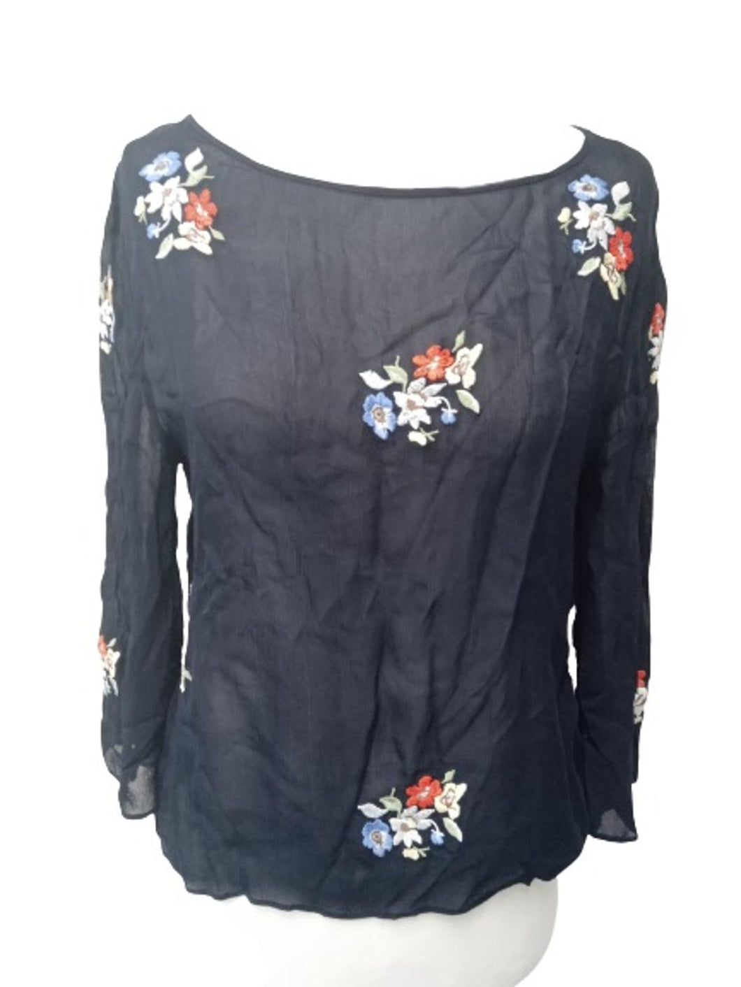 SOMERSET Ladies Navy Blue Long Sleeve Boat Neck Floral Blouse Top Size UK10