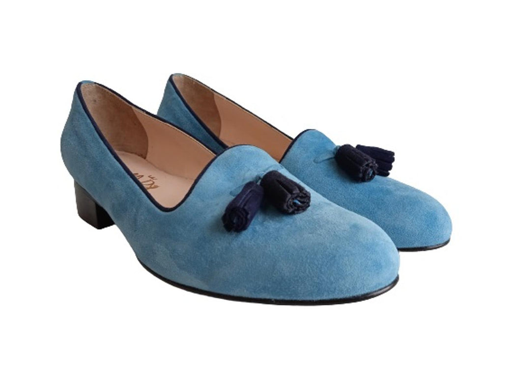 ANGELO ROMANO Ladies Baby Blue Suede Tassel Detail Slip-On Loafers IT37 UK4 NEW