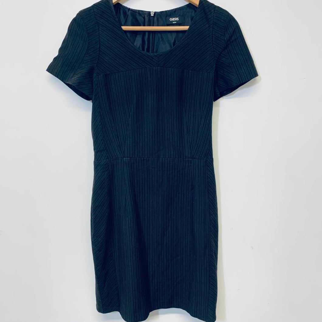 OASIS Black Ladies Short Sleeve Round Neck Stripe Pencil Dress Size UK 8