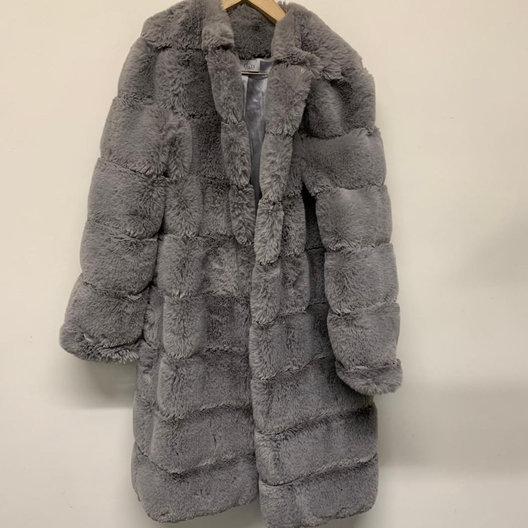 OH POLLY Grey Ladies Faux Fur Long Sleeve Overcoat Coat Size UK XS