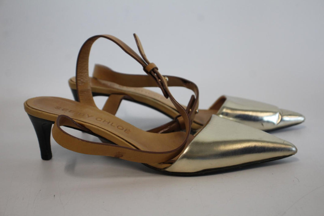 SEE BY CHLOE Ladies Champagne Gold Patent Leather Ankle Strap Sandals EU37 UK4