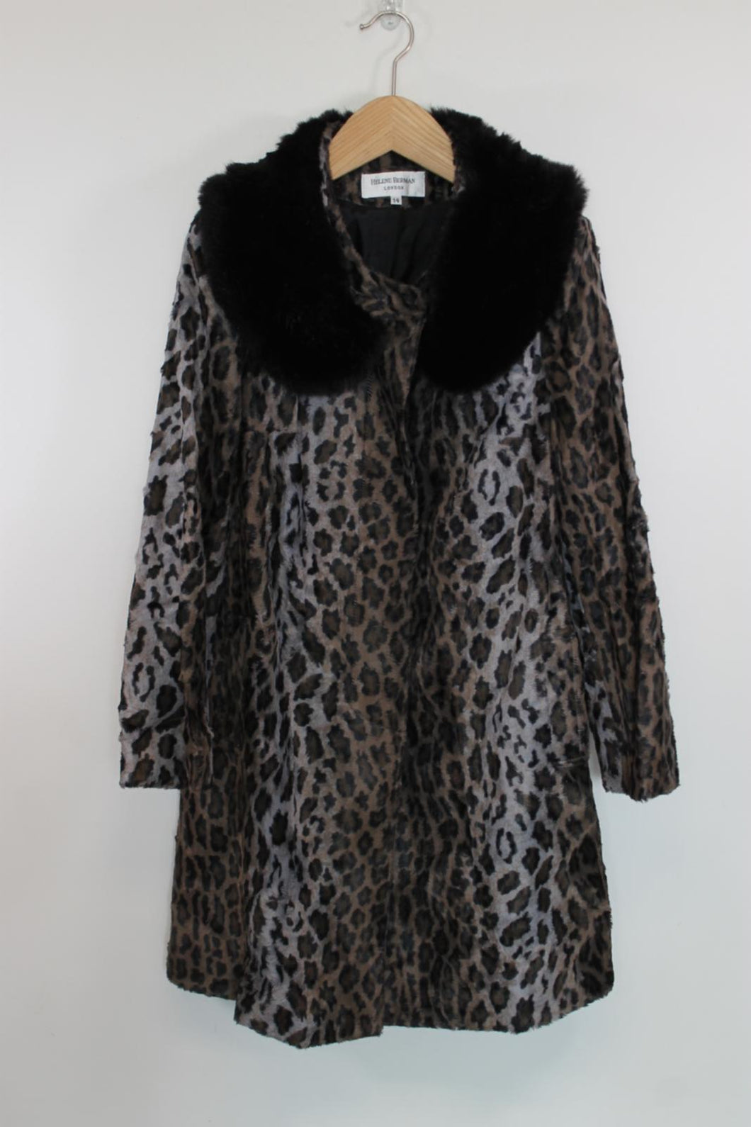 HELENE BERMAN Ladies Brown Faux Fur Cotton Animal Print Overcoat Coat UK14