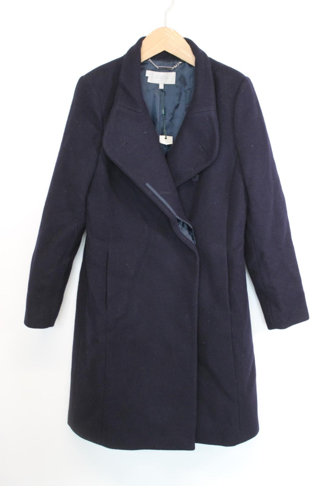 HOBBS Ladies Navy Blue Wool Invisible Button Overcoat Coat EU40 UK12 NEW