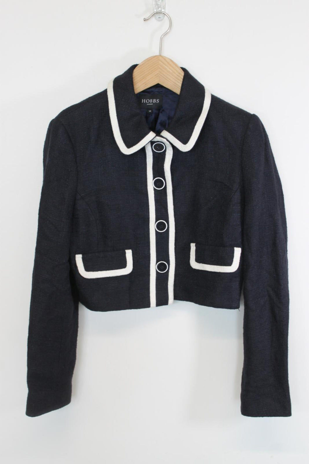 HOBBS Ladies Navy Blue Cropped Collared Long Sleeve Button Down Jacket EU40 UK12
