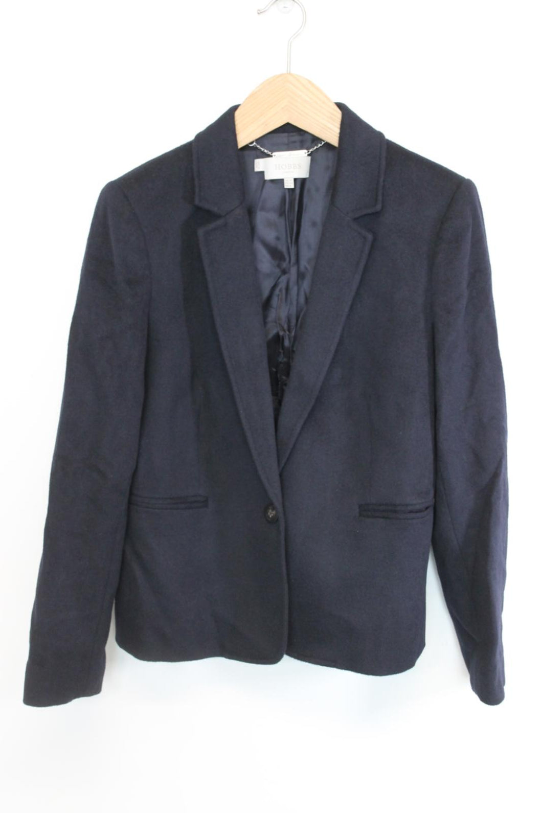 HOBBS Ladies Navy Blue Wool Notch Lapel Long Sleeve Blazer Jacket EU40 UK12
